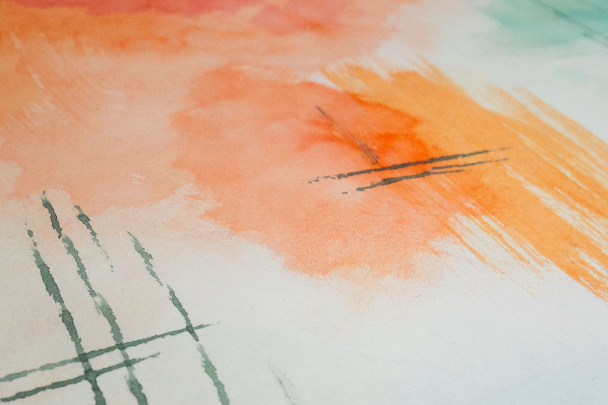 Close up of contemporary painting by Surrey, UK artist, Kerri Awosile - showing orange and green abstract details