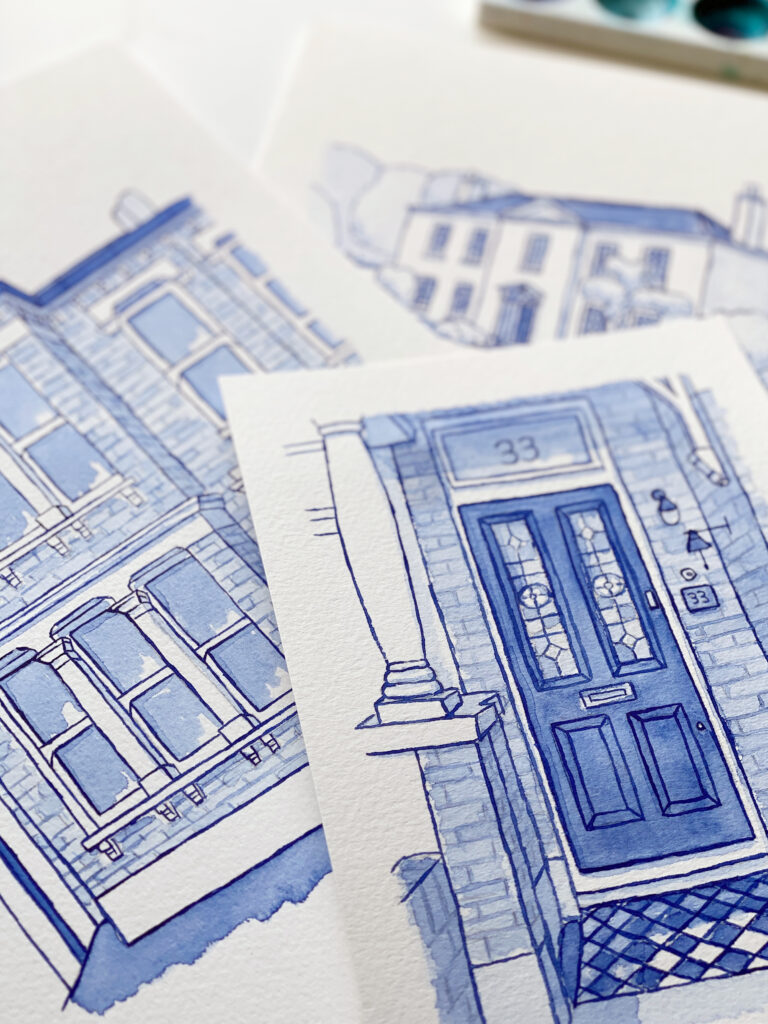 Close up of contemporary painting by Surrey, UK artist, Kerri Awosile - showing blue delft style house and door illustrations