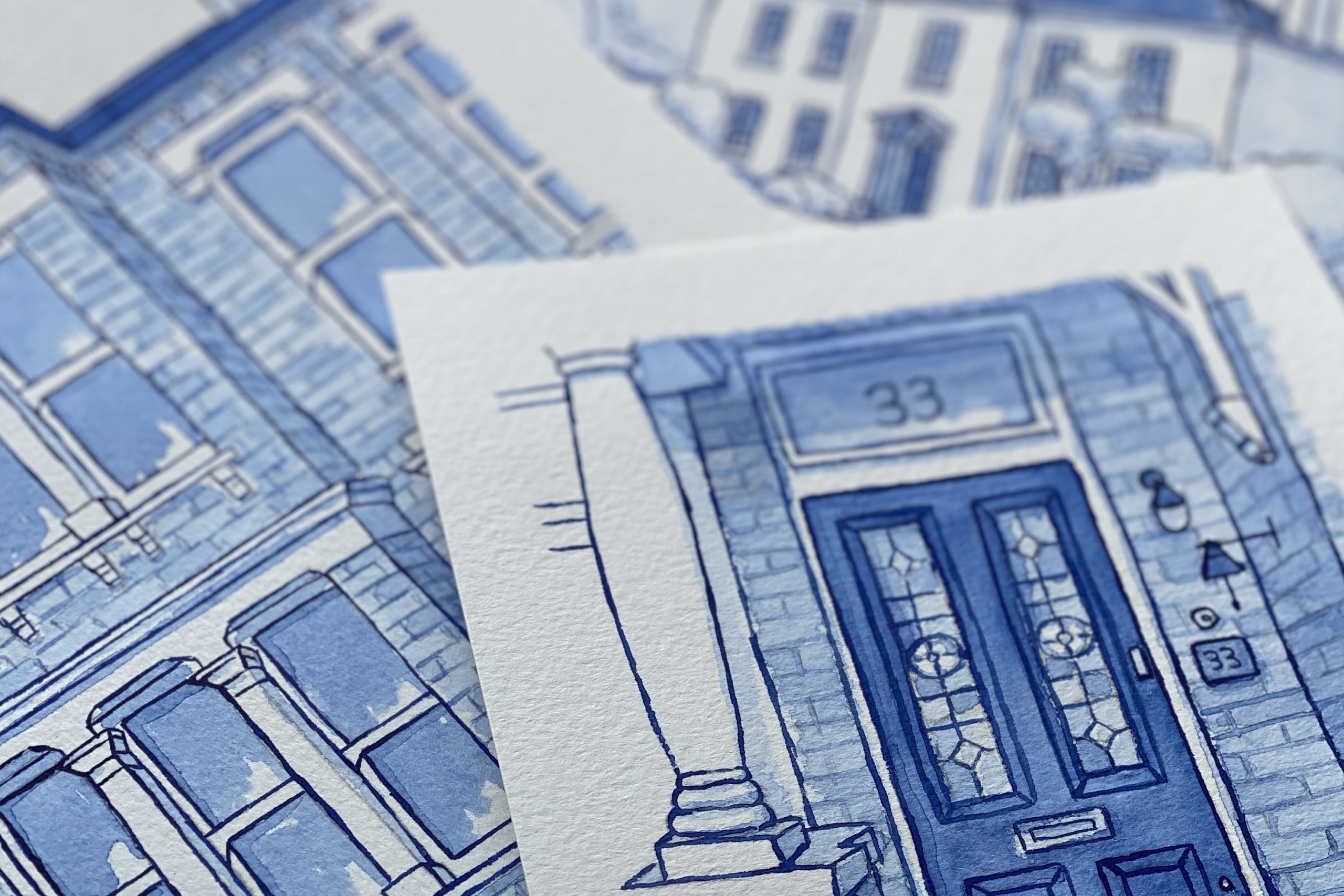 Close up of contemporary painting by Surrey, UK artist, Kerri Awosile - showing blue delft style house and door illustrations
