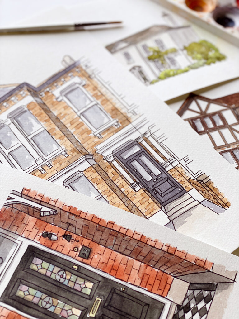 Close up of contemporary painting by Surrey, UK artist, Kerri Awosile - showing ink and watercolour house and door illustrations