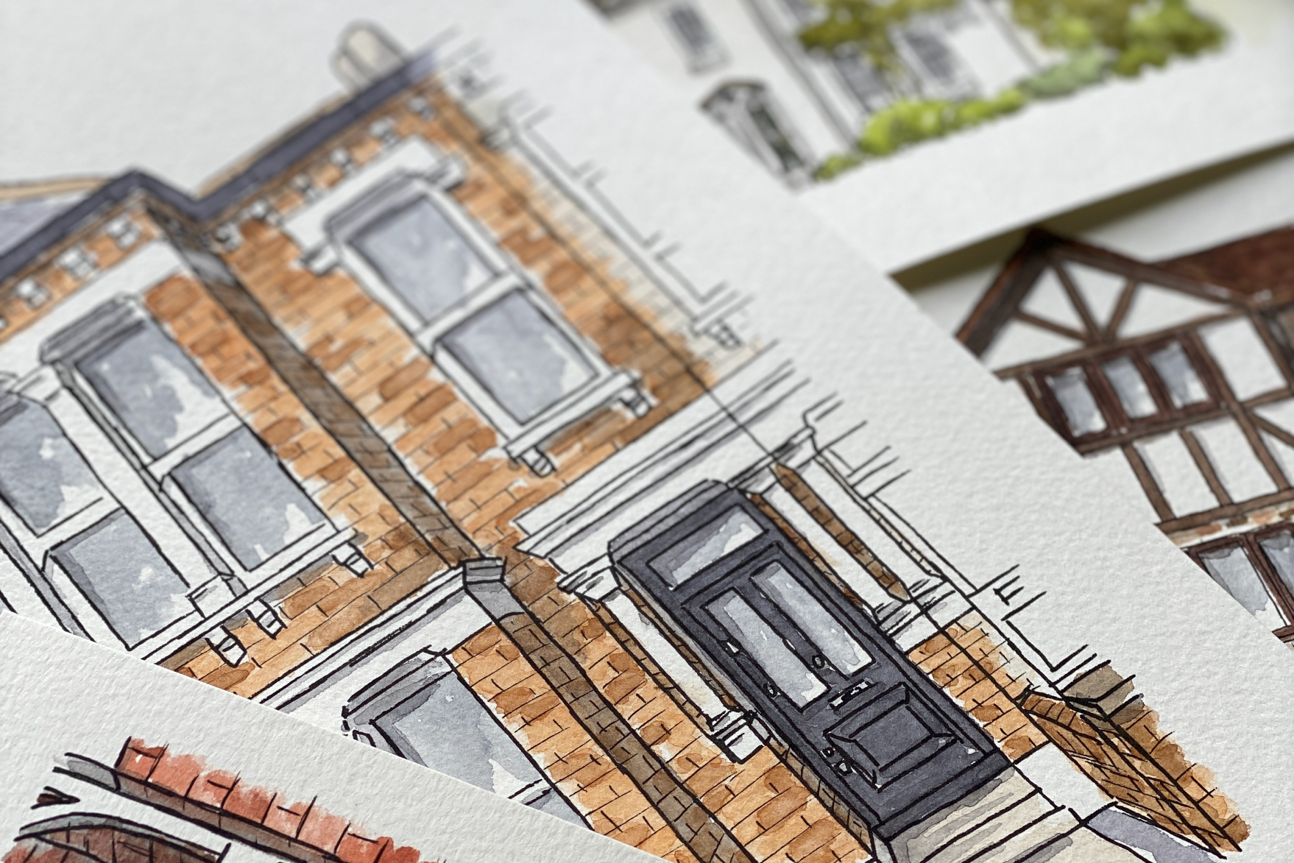 Close up of contemporary painting by Surrey, UK artist, Kerri Awosile - showing ink and watercolour house and door illustrations