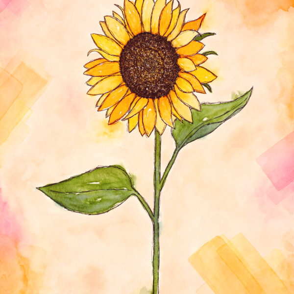 Where Joy Blooms VII - Golden Glow - ink and watercolour original painting by Surrey, UK artist, Kerri Awosile. Painting features a single sunflower with a soft yellow, buff, and pink background, with yellow and pink shape details.