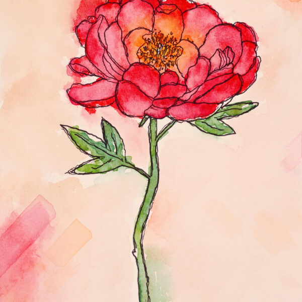 Where Joy Blooms VII - Radiant Bloom - ink and watercolour original painting by Surrey, UK artist, Kerri Awosile. Painting features a single coral/pink peony with a peach and pink background, with peach and pink shape details.