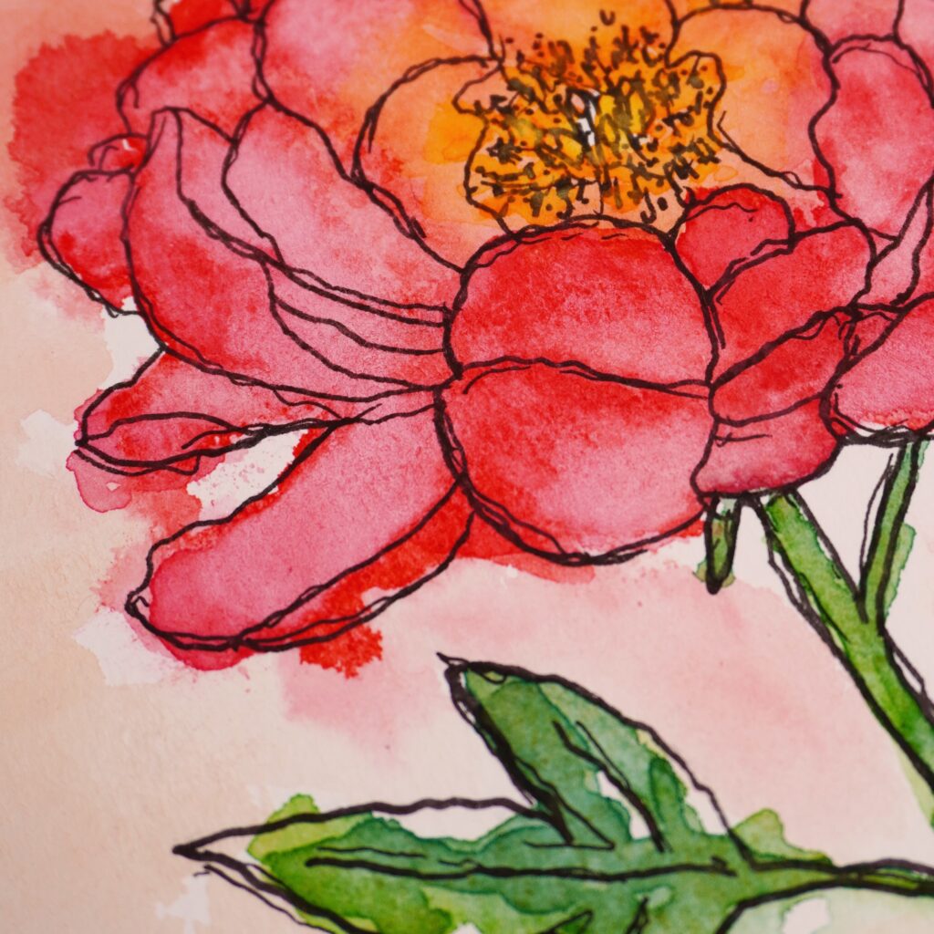 Close up of Radiant Bloom peony painting from the Kerri Awosile Where Joy Blooms collection