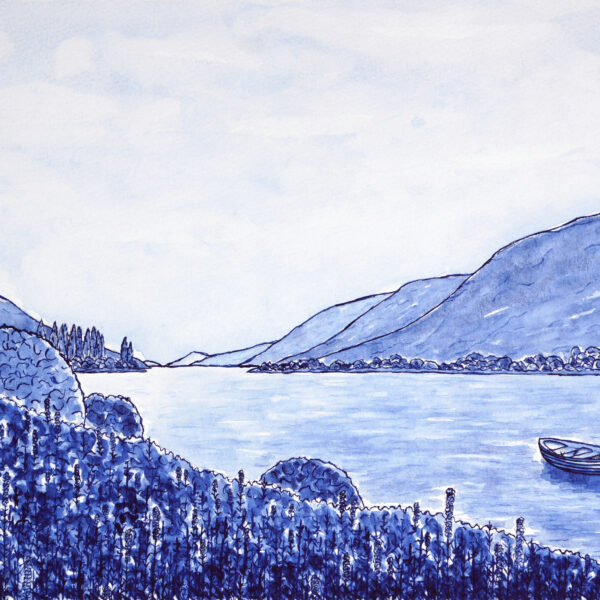 Drift Away delft style watercolour painting by UK artist, Kerri Awosile. Painting features a peaceful lake and mountain view with plants in the foreground and a little rowing bow drifting on the lake, all in shades of blue.