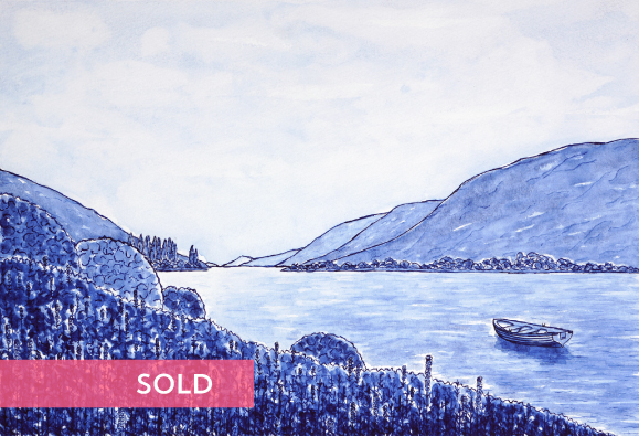 Drift Away delft style watercolour painting by UK artist, Kerri Awosile with SOLD banner