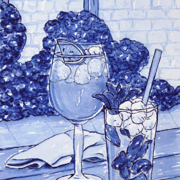 Here's to... delft style watercolour painting by UK artist, Kerri Awosile. Painting features two cocktail or mocktail drinks with ice and fruit garnish, on an outside table, with plants in the background, all in shades of blue.