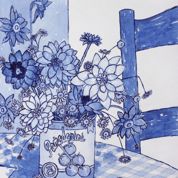 La Dolce Vita delft style watercolour painting by UK artist, Kerri Awosile. Painting features a tomato can vase full of dahlia and wild cornflower, on a gingham tablecloth, with napkins and a knife and fork, and a traditional wooden chair in the background, all in shades of blue.
