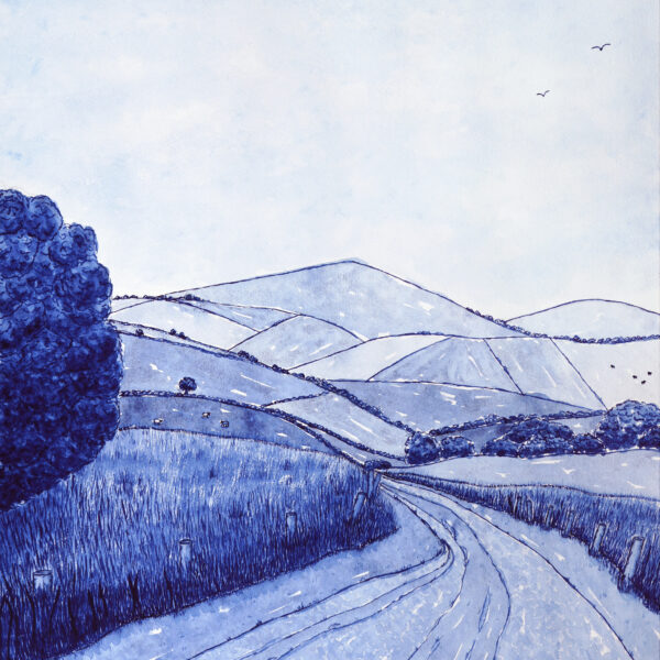 The Slow Lane delft style watercolour painting by UK artist, Kerri Awosile. Painting features a countryside scene with hills, fields, trees, and sheep, as well as a curving path leading into the picture, all in shades of blue.